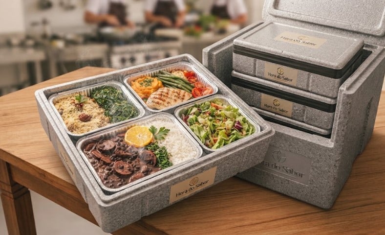 Marmitex da Hora do Sabor em embalagens térmicas preservando o sabor caseiro para empresas